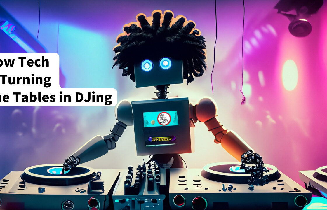 Robot with a fro, DJing on turntables in the club.