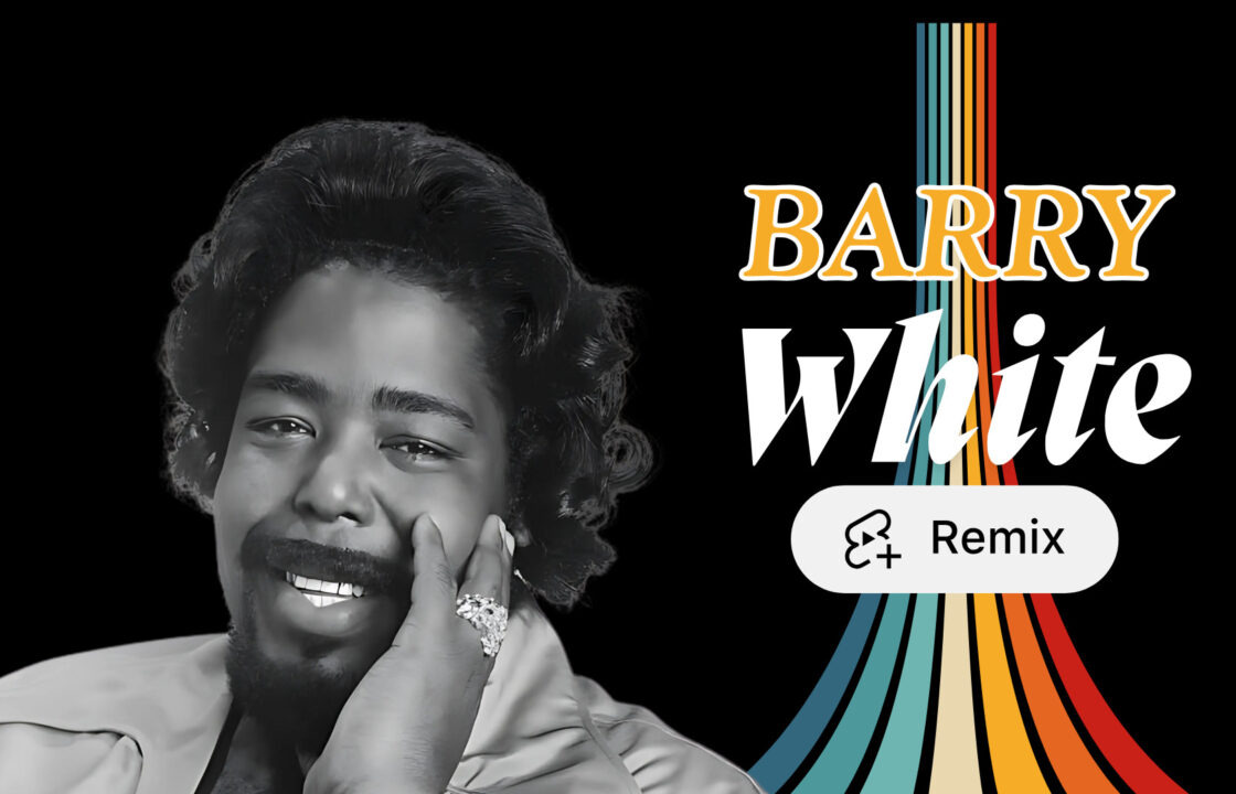 A black-and-white portrait of Barry White smiling, set against a black background with colorful retro-style stripes. The text "Barry White" appears in bold, vintage typography, along with a "Remix" button icon.