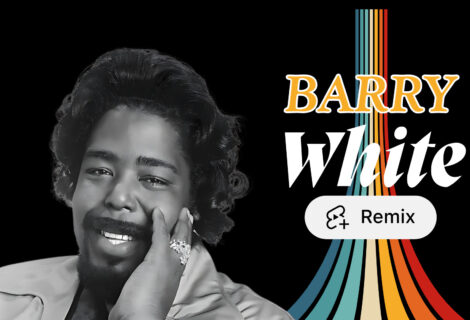 A black-and-white portrait of Barry White smiling, set against a black background with colorful retro-style stripes. The text "Barry White" appears in bold, vintage typography, along with a "Remix" button icon.