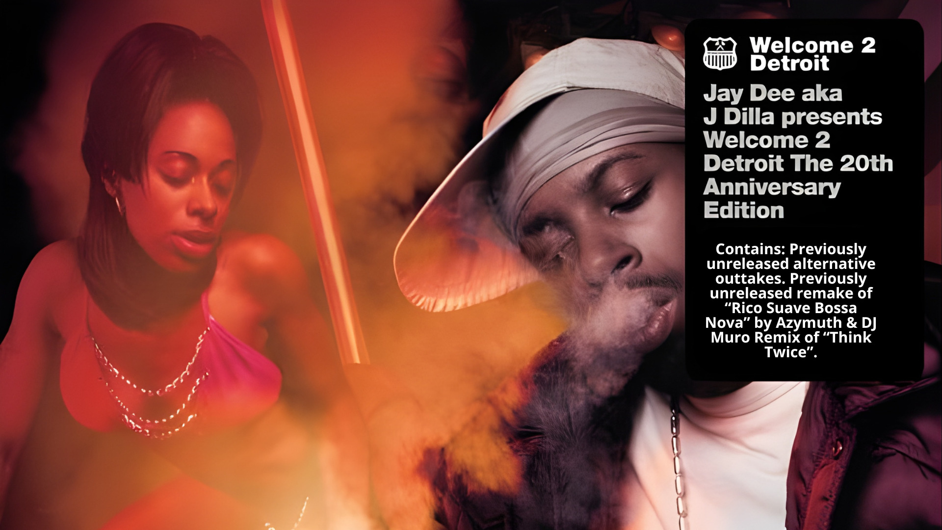 Album cover for Welcome 2 Detroit (20th Anniversary Edition) by Jay Dee aka J Dilla, featuring a warm-toned portrait of a woman and J Dilla surrounded by orange smoke, highlighting the reissue’s inclusion of unreleased mixes like “Rico Suave Bossa Nova” by Azymuth and DJ Muro’s “Think Twice” remix.